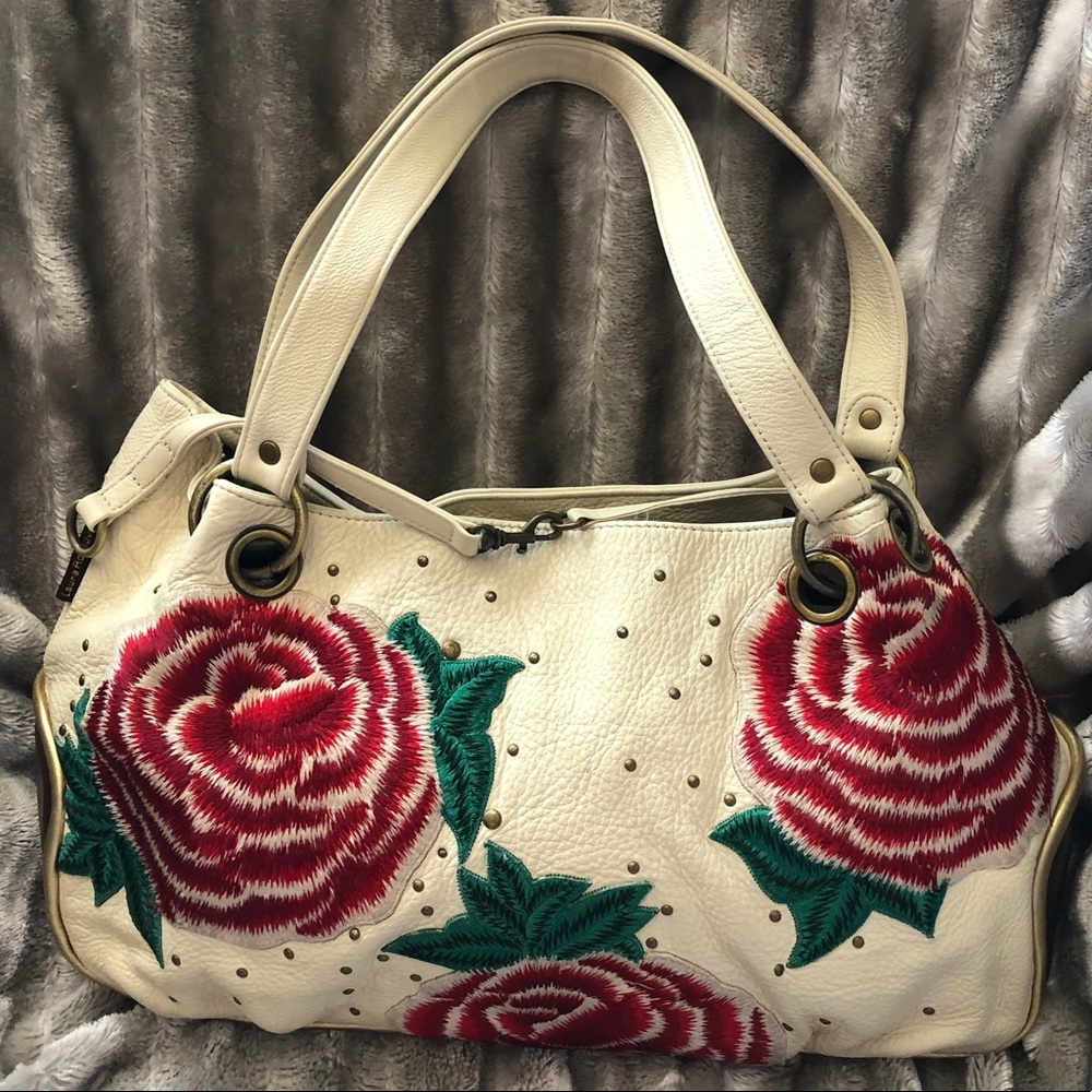 Women’s Cream Shoulder Bag with Red Rose Embroidery